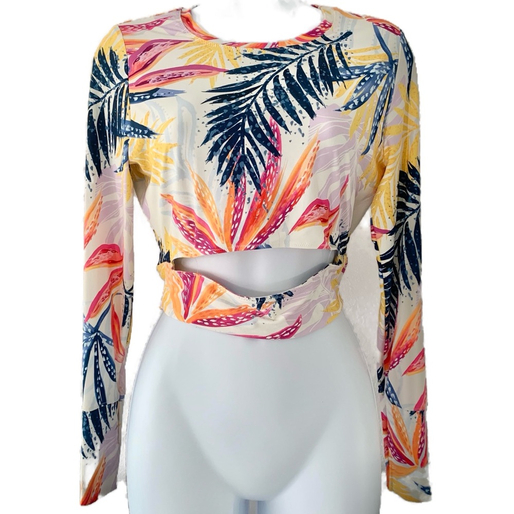 CALIA By Carrie Underwood  Watercolor Palms Cropped Keyhole Swim Top Size M